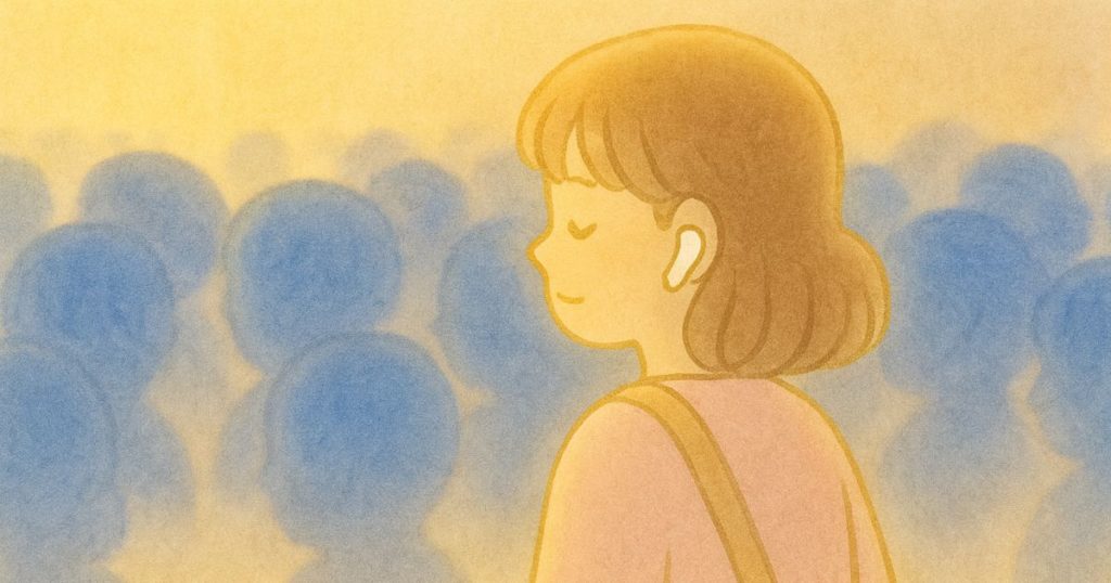 不安が大きくなって、イヤホンで音楽を聴いて心を落ち着ける行列にHSPママのイラスト