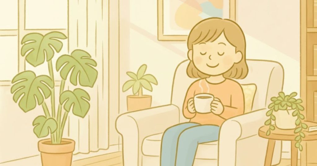 HSPママが家事の手を止めてソファでコーヒーブレイクしているイラスト