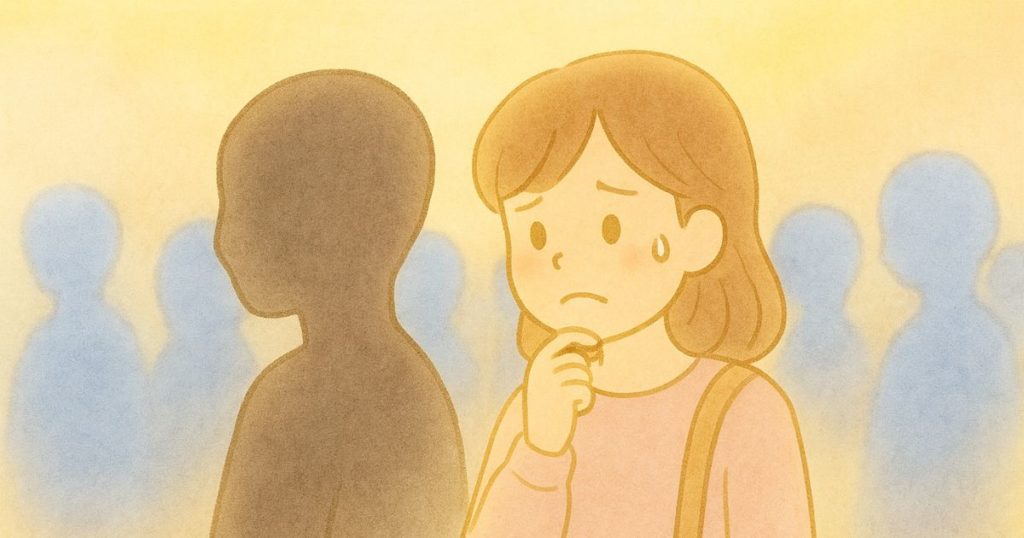 ライブの開場を待つ間、隣の人に話しかけるべきか迷っているHSPママのイラスト